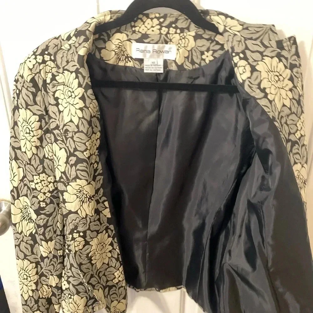 VINTAGE WOMEN'S RENA ROWAN BLACK & CREAM & GRAY FLOWER‎ BLAZER JACKET Size 10